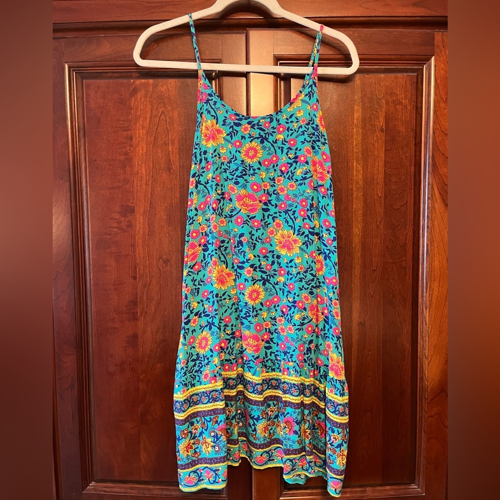 Oearal Boho Floral Dress Summer Sleeveless Adjustable Strap Beach  Pockets M